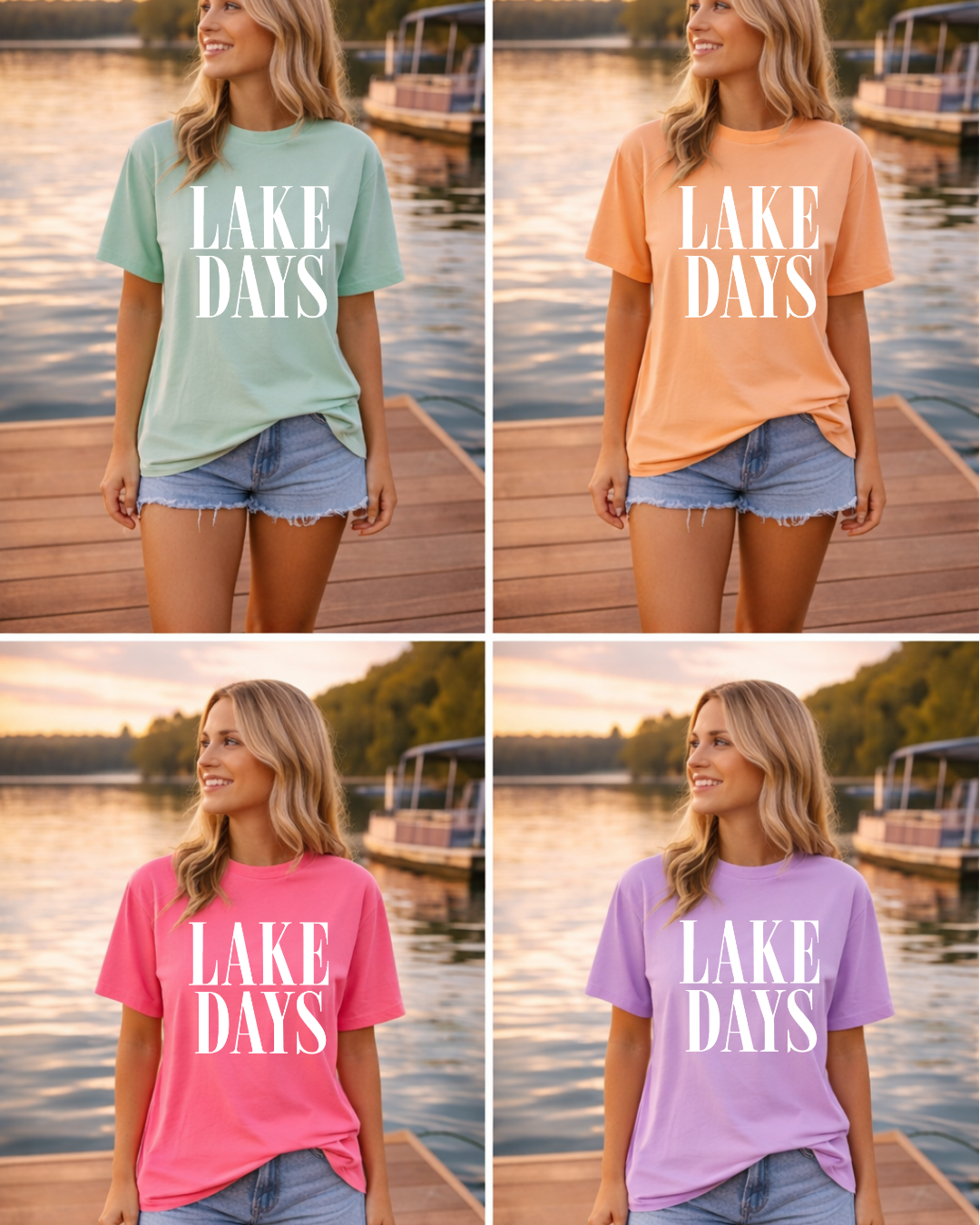 Four images of a woman wearing 'Lake Days' t-shirts in different colors on a dock by a lake.