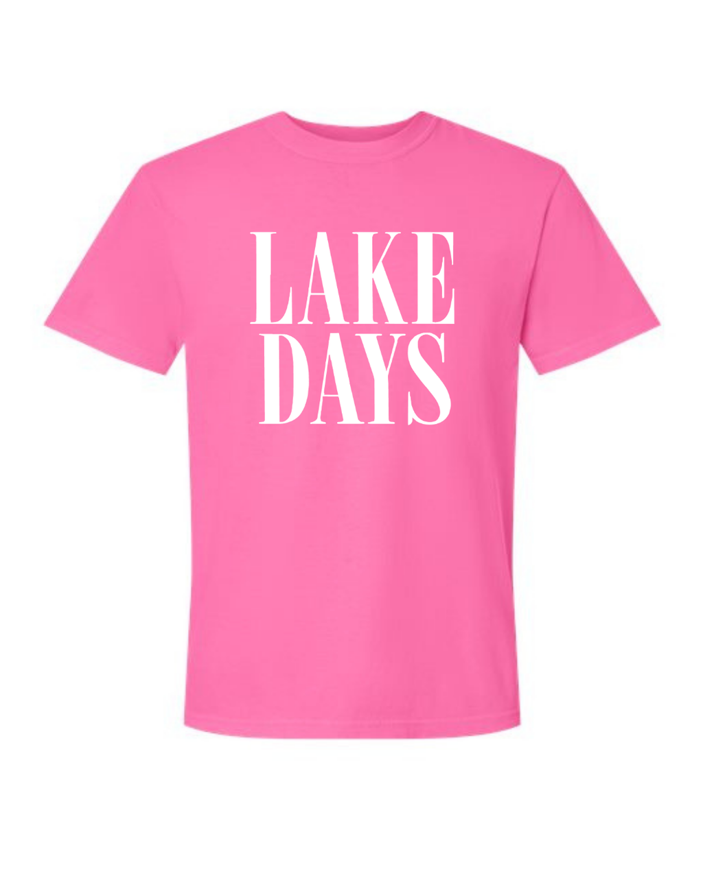 Pink t-shirt with 'LAKE DAYS' text on a white background