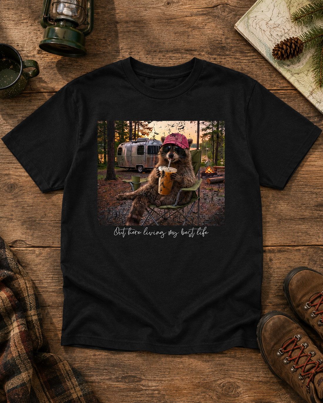 Out Here Living My Best Life – Raccoon Camping Tee