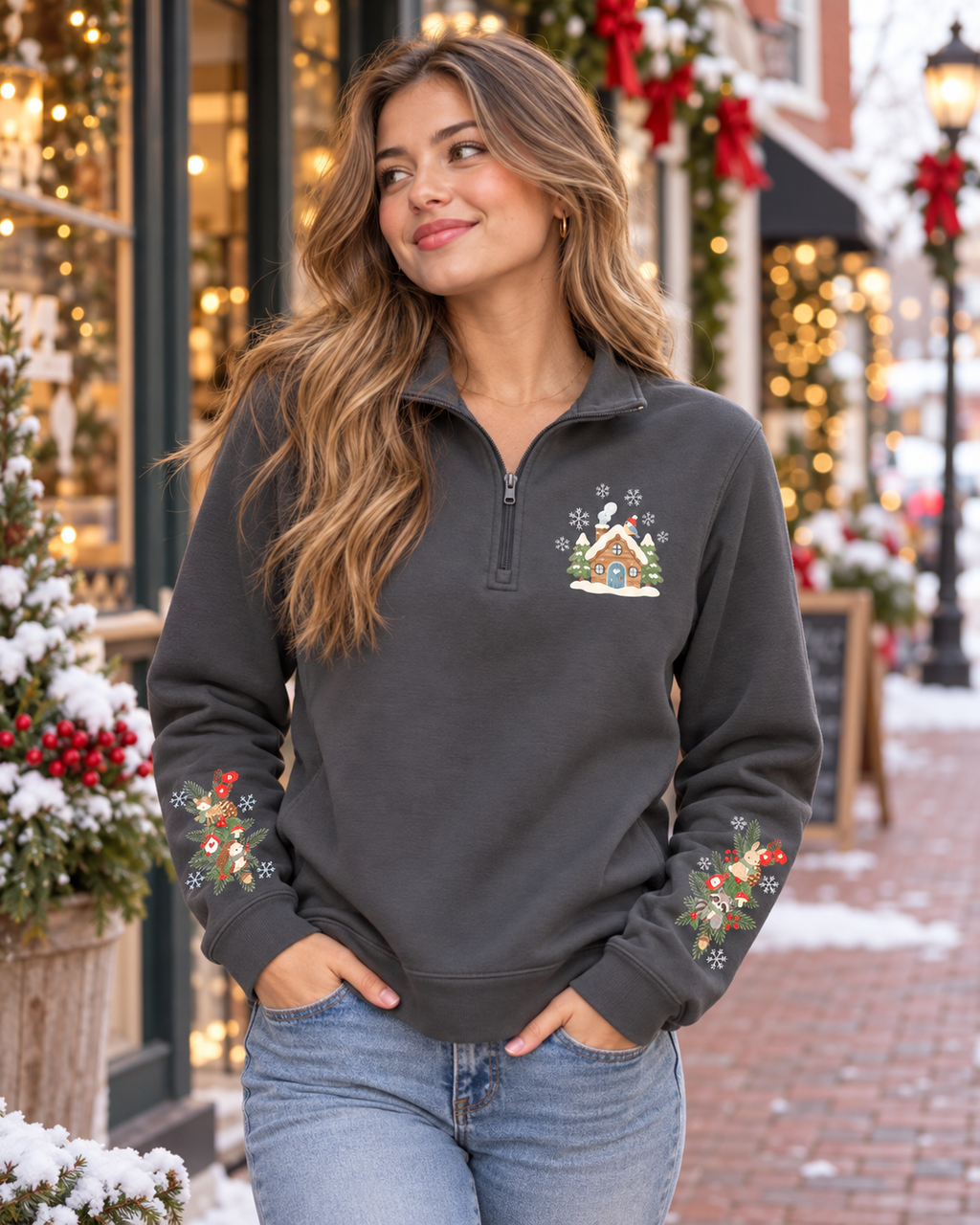 Woodland Christmas Cottage Quarter-Zip Sweatshirt