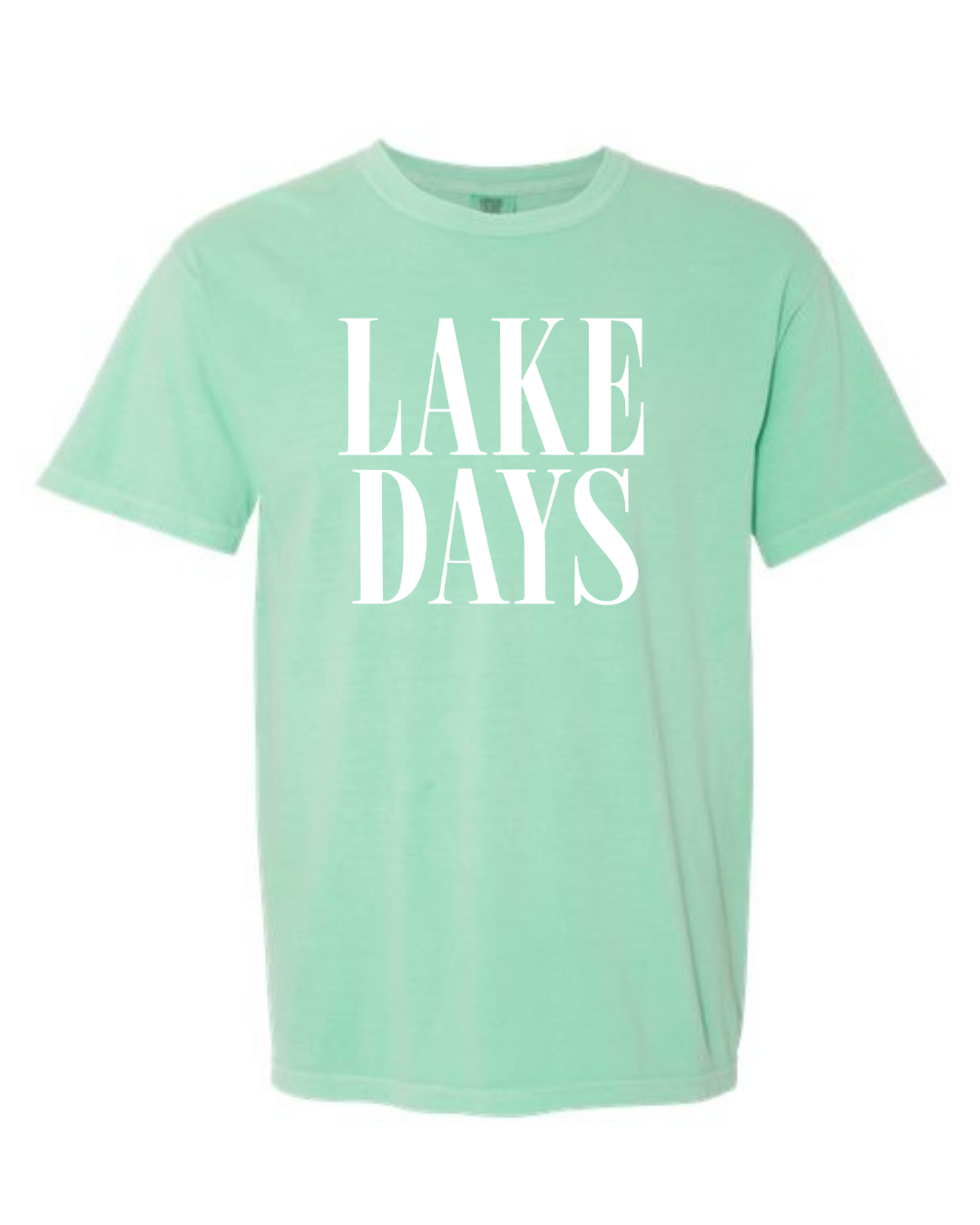 Mint green t-shirt with 'LAKE DAYS' text on a white background