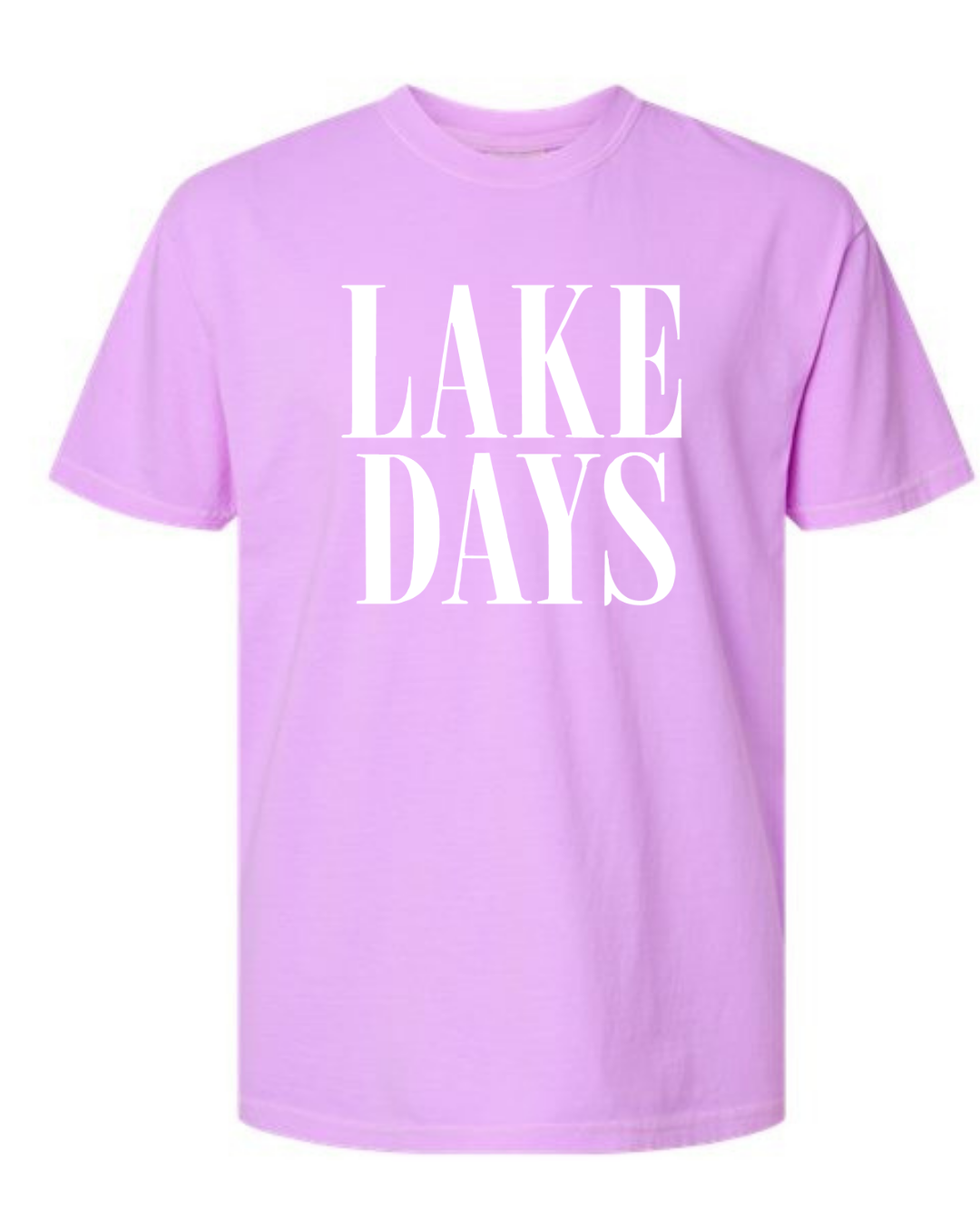 Lavender t-shirt with 'LAKE DAYS' text on a white background
