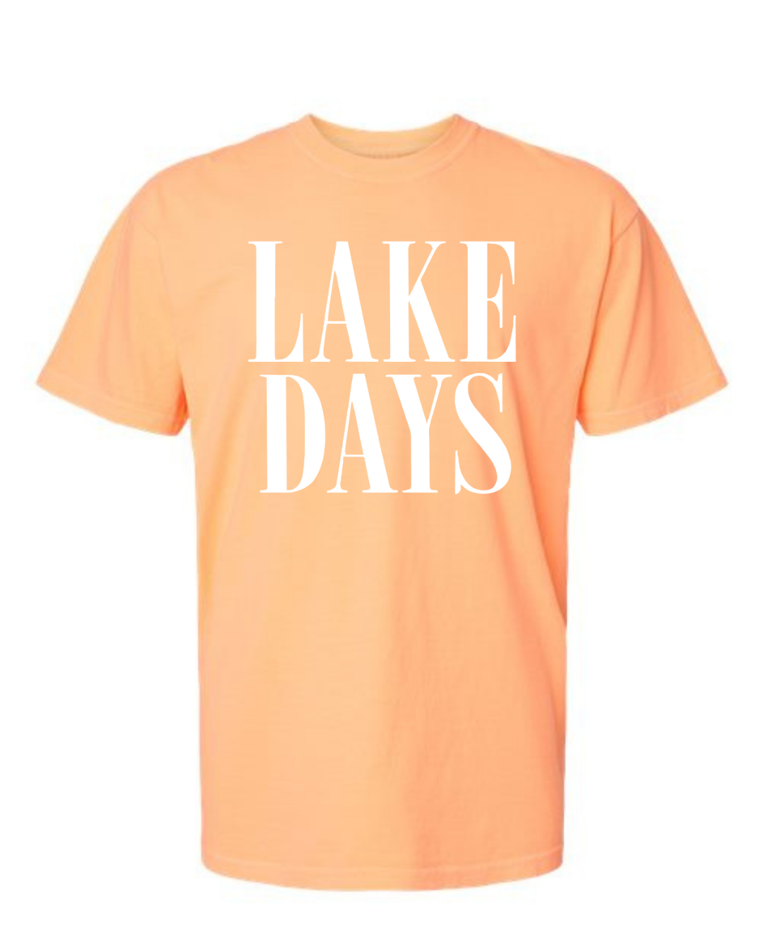Peach t-shirt with 'LAKE DAYS' text on a white background