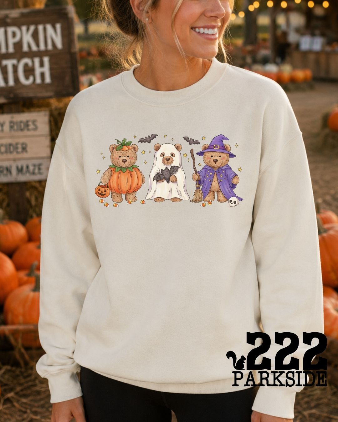 Halloween teddy bears in costumes crewneck sweatshirt at a pumpkin patch