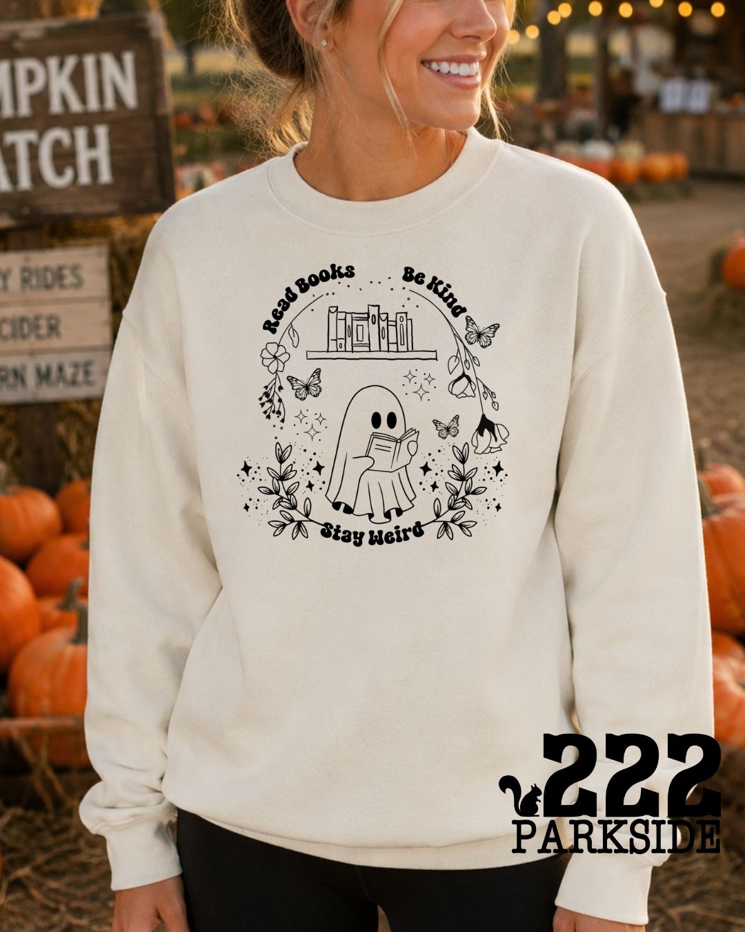 Read Books Be Kind Stay Weird ghost crewneck sweatshirt at a pumpkin patch