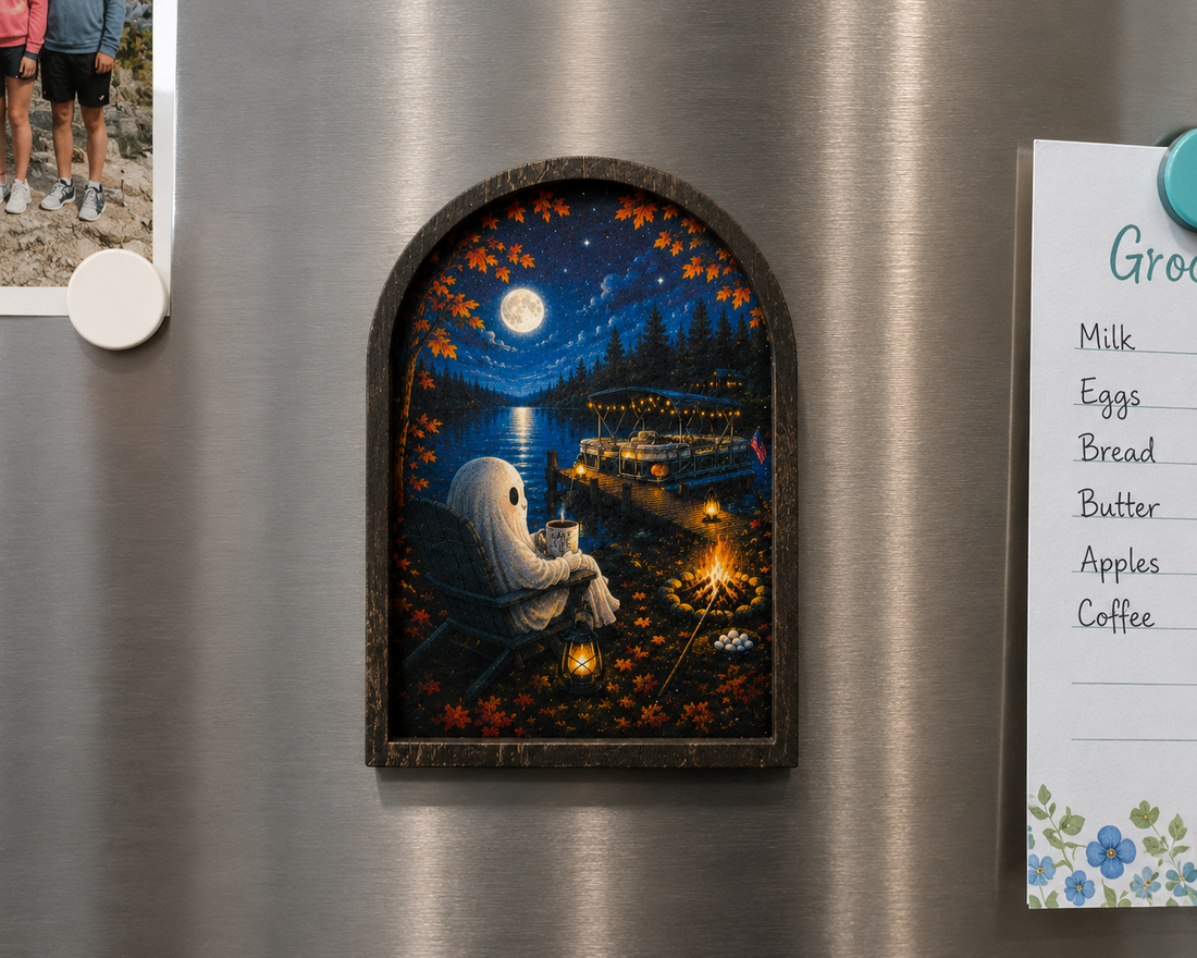 Ghost sitting by campfire at night with full moon – arched wood magnet on refrigerator