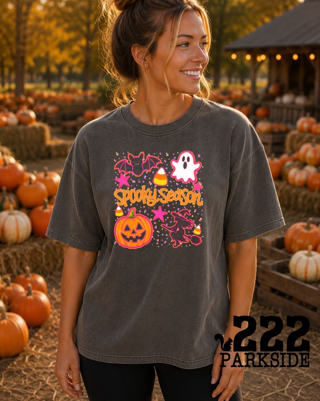 Spooky Season retro colorful Halloween collage Comfort Colors tee at a pumpkin patch