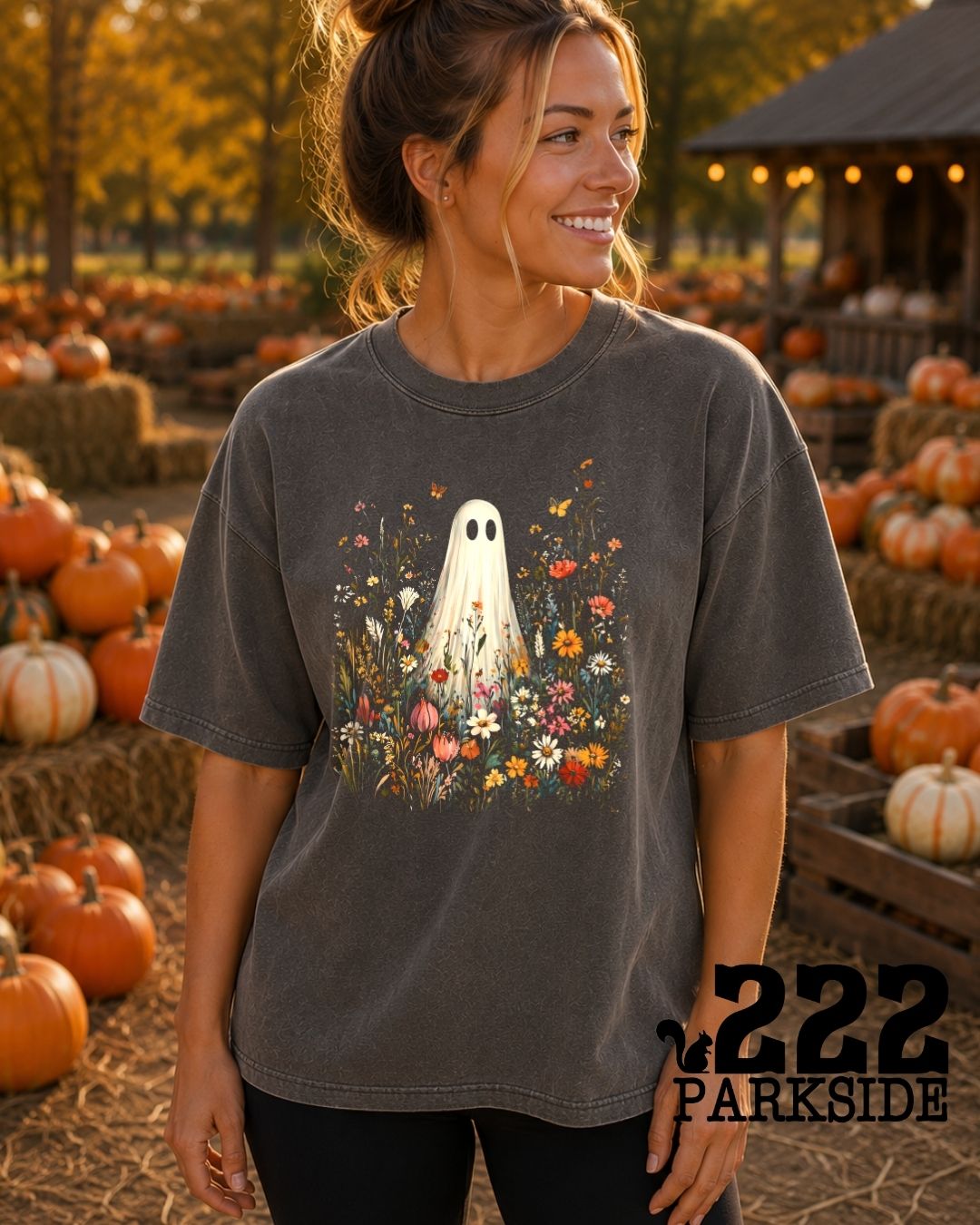 Ghost wildflower Comfort Colors tee worn at a pumpkin patch