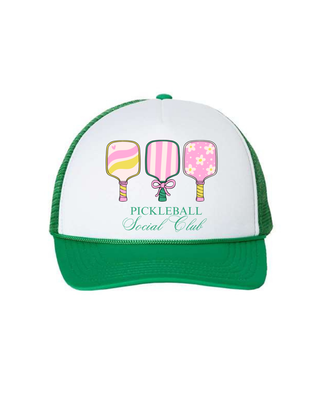 Green and white cap with pickleball-themed design on a white background