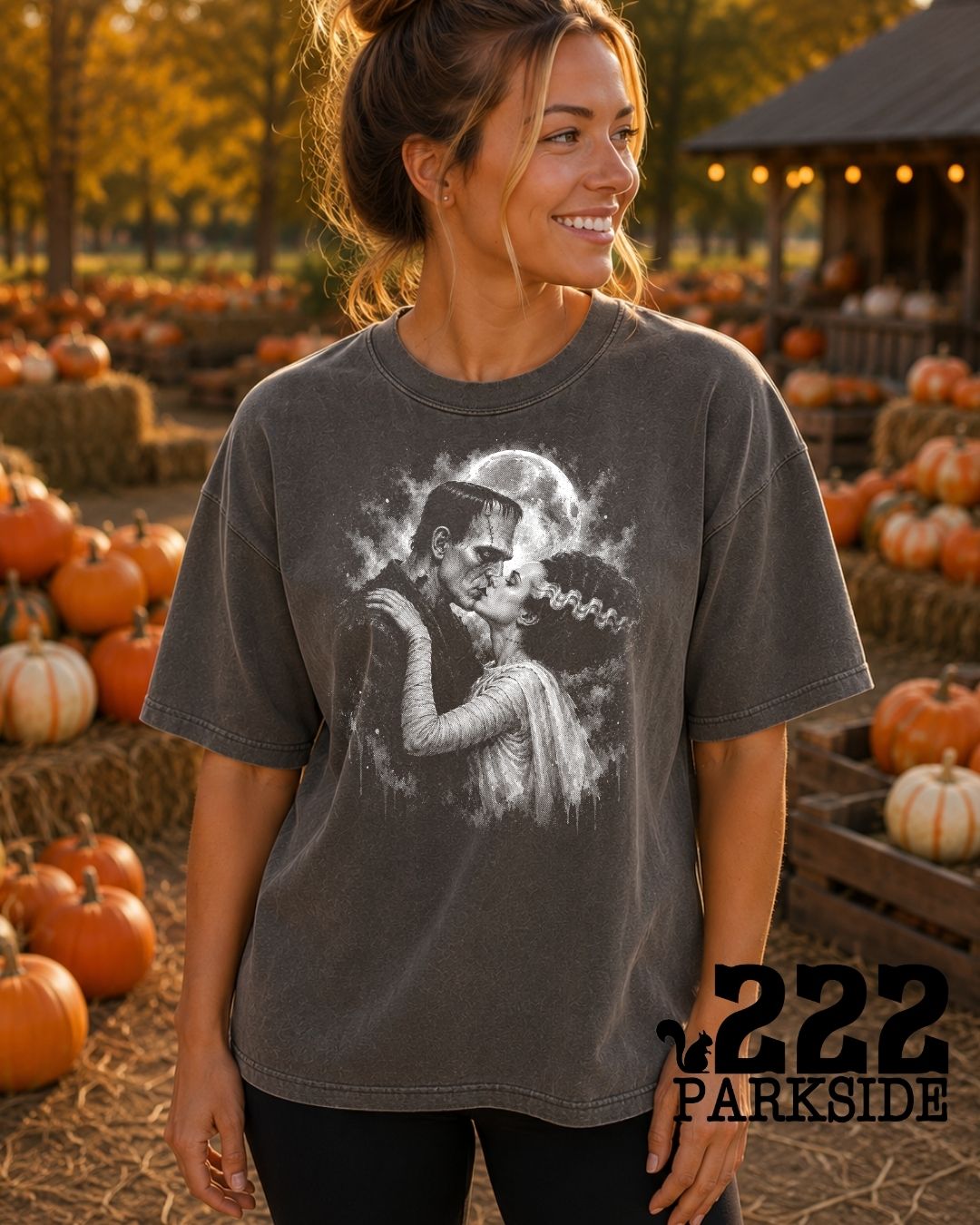 Monsters in Love Frankenstein graphic tee worn at a pumpkin patch