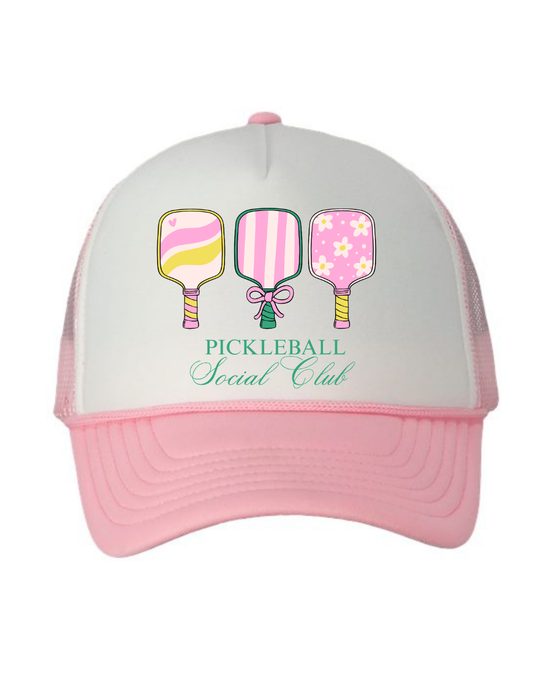 Pink and white cap with pickleball-themed design on a white background