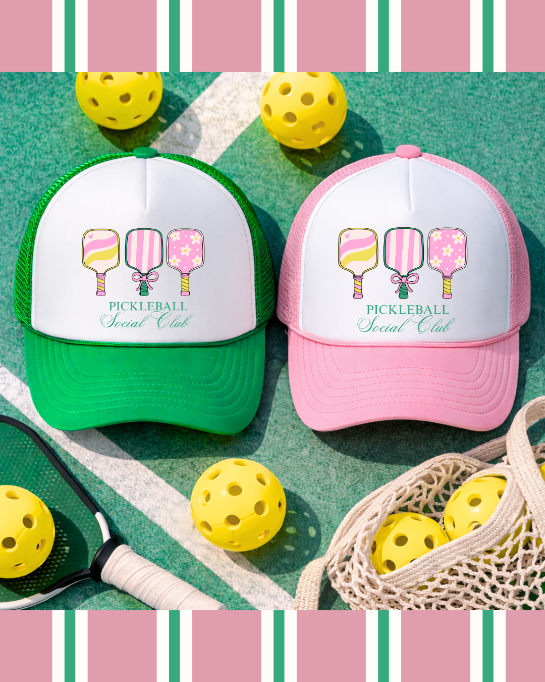 Two pickleball-themed hats with 'Pickleball Social Club' design on a green surface with yellow balls and rackets.