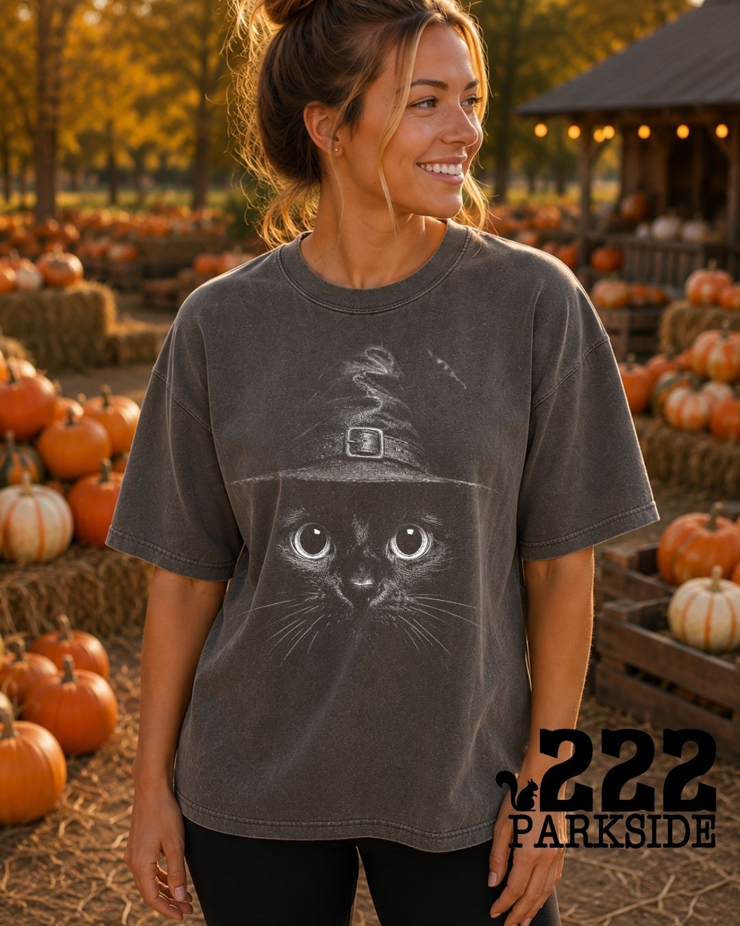 Witch hat black cat close-up Comfort Colors tee at a pumpkin patch