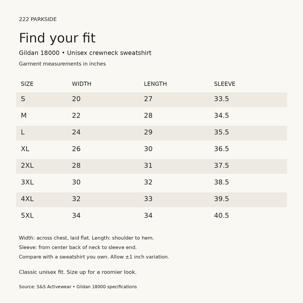 Gildan 18000 unisex sweatshirt size chart, S–5XL measurements in inches