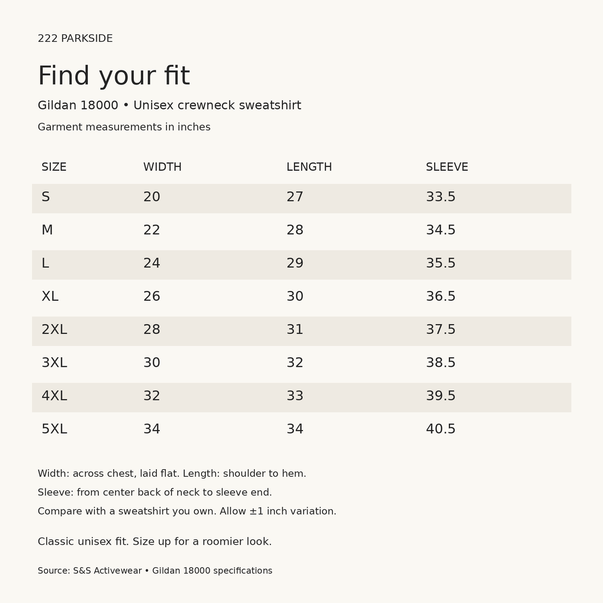 Gildan 18000 unisex sweatshirt size chart, S–5XL measurements in inches