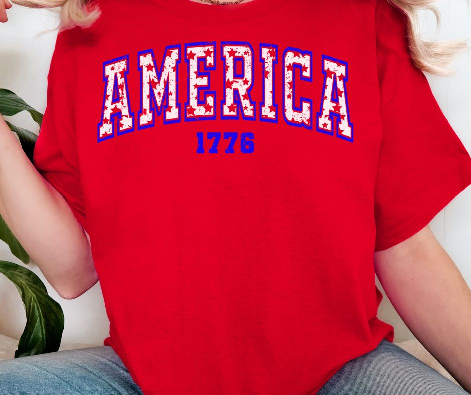 America 1776 T-Shirt – Gildan Unisex Patriotic Tee | Vintage Distressed Red 4th of July Shirt | USA Graphic Tee