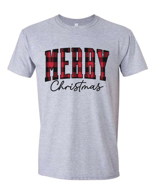 Merry Red Plaid Christmas tee line ATHELETIC GREY TEE