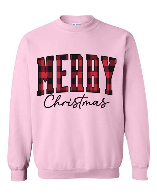 Merry Red Plaid Christmas tee line PINK SWEATSHIRT