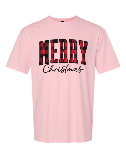 Merry Red Plaid Christmas tee line PINK TEE
