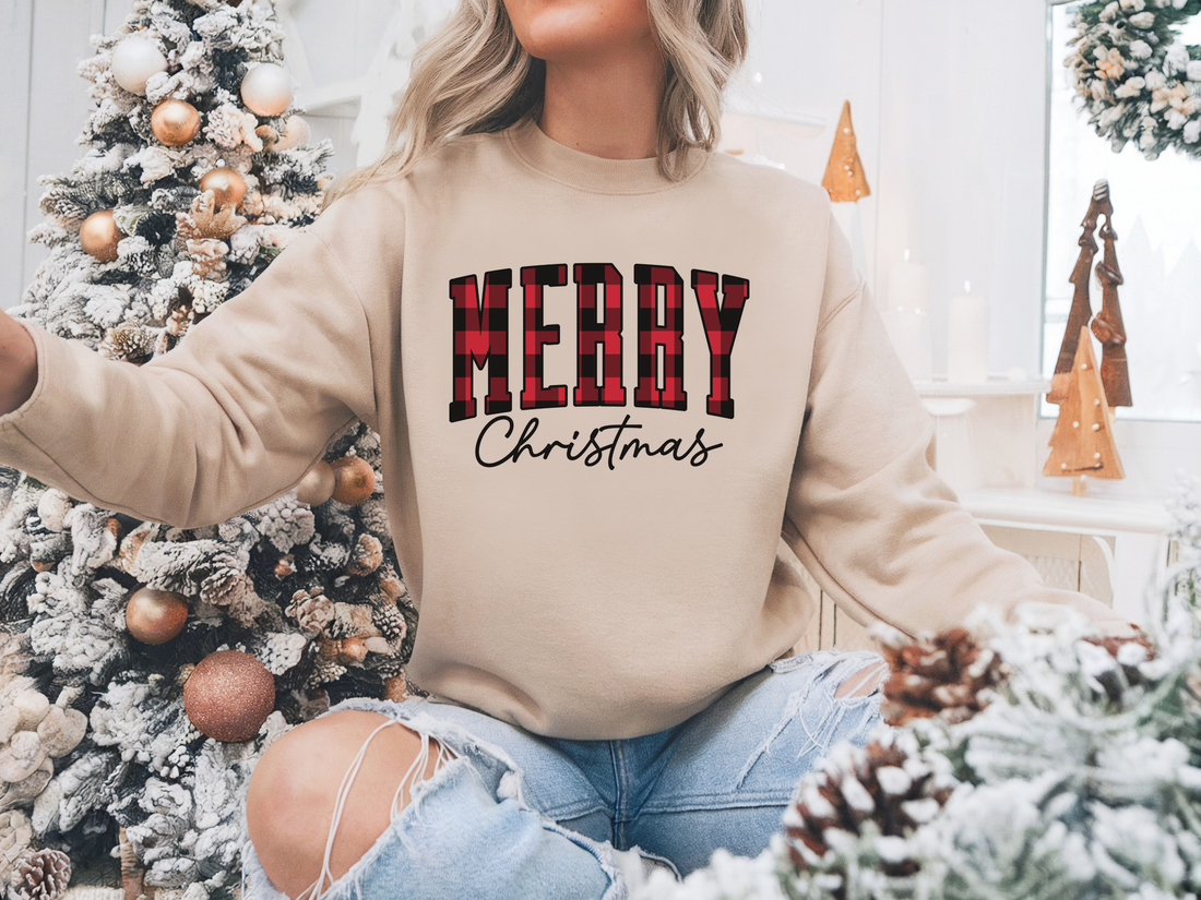 Merry Red Plaid Christmas tee line SAND SWEATSHIRT
