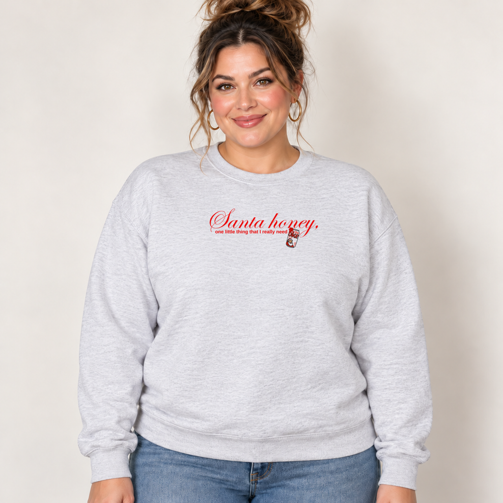 Santa Honey Ash Gildan crewneck with original artwork, model view