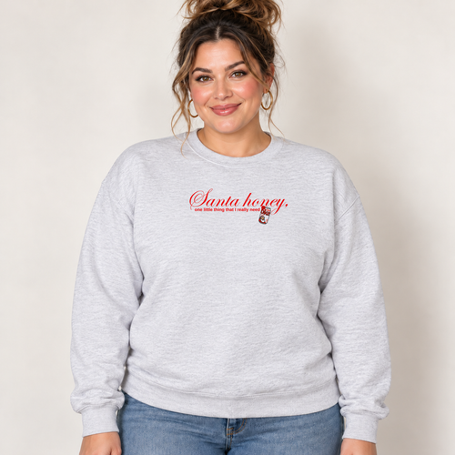 Santa Honey Ash Gildan crewneck with original artwork, model view