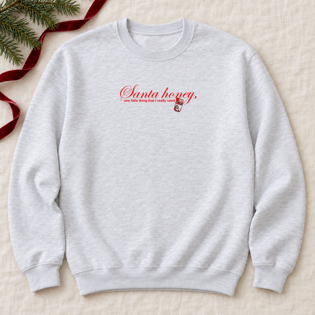 Santa Honey Ash Gildan crewneck with original artwork, flat lay
