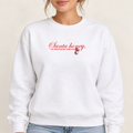Santa Honey White Gildan crewneck with original artwork, model view