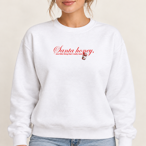 Santa Honey White Gildan crewneck with original artwork, model view