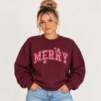 Merry | Pink Varsity Christmas Crewneck Sweatshirt