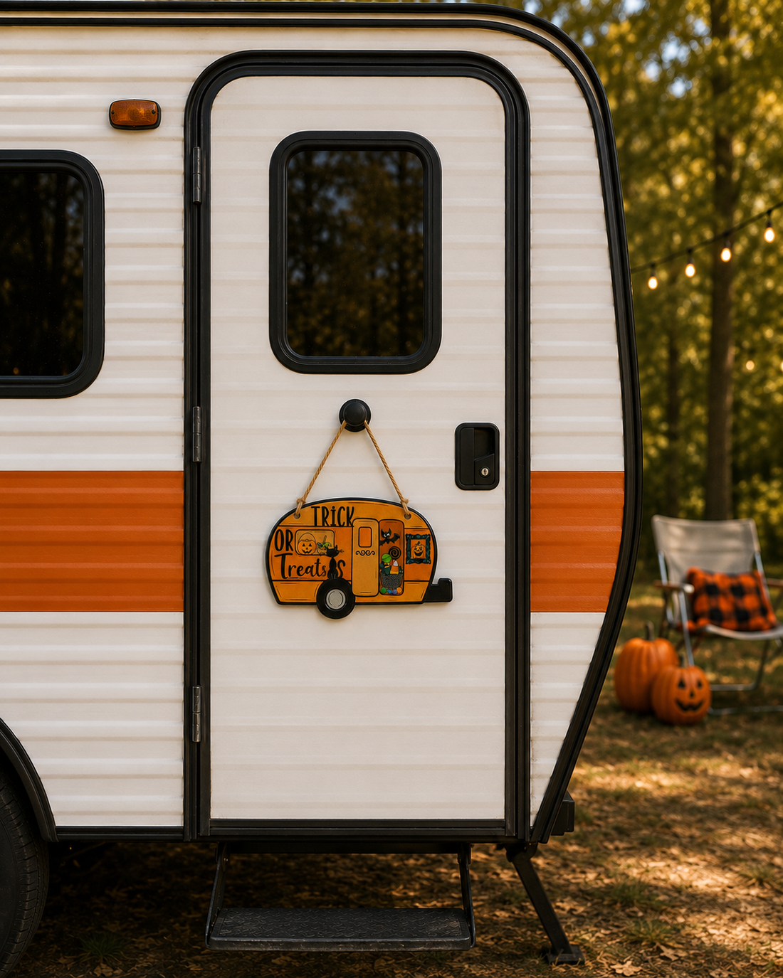 Halloween Trick or Treat Camper Door Hanger hanging on an RV door outdoors