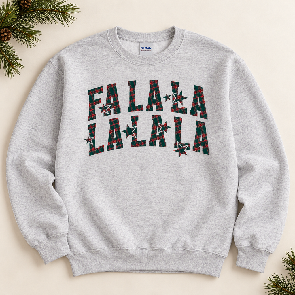 Fa La La tartan Christmas sweatshirt in Ash Grey flat lay