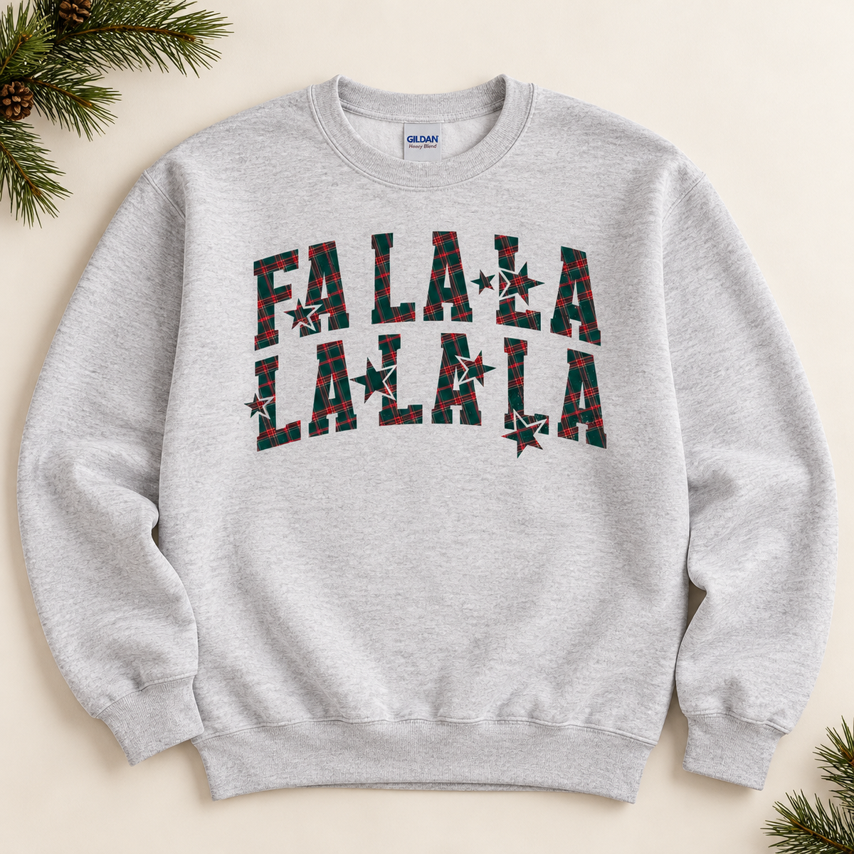Fa La La tartan Christmas sweatshirt in Ash Grey flat lay