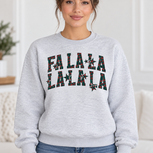 Ash Grey Gildan Fa La La sweatshirt on model