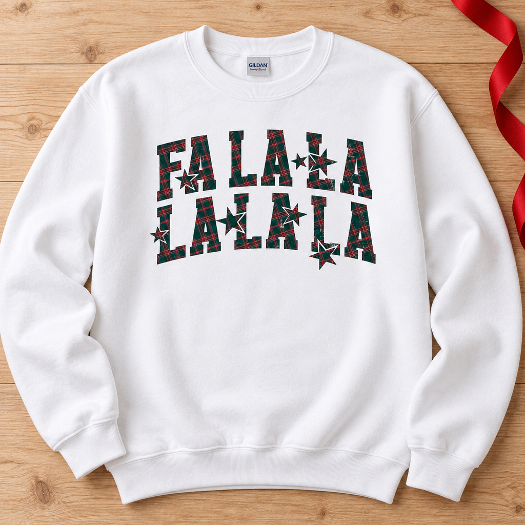 Fa La La tartan Christmas sweatshirt in White flat lay