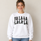 White Gildan Fa La La sweatshirt on model