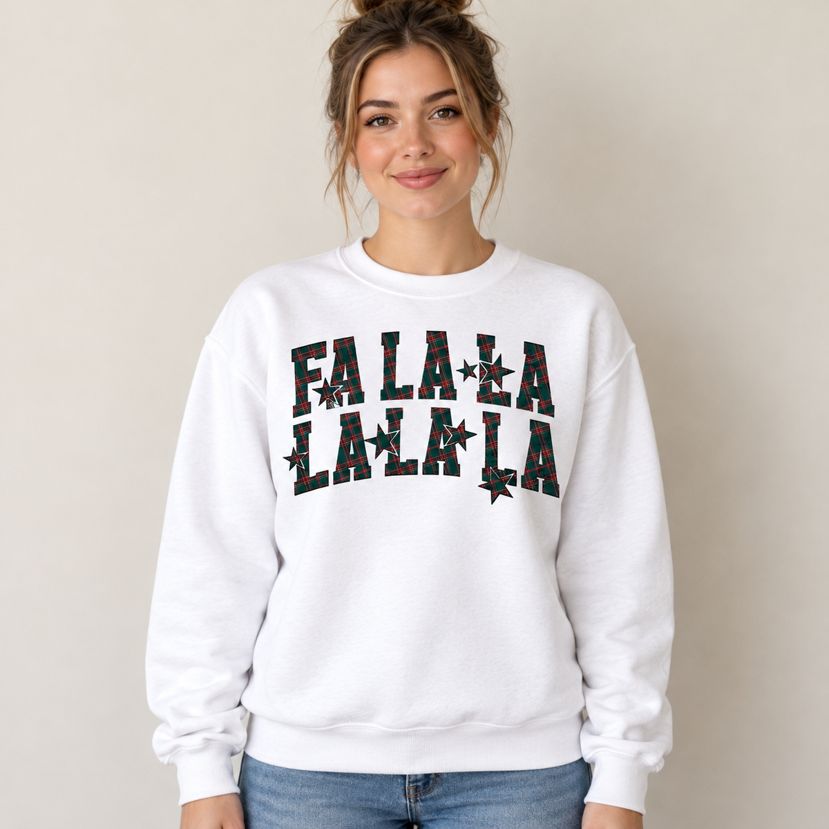 White Gildan Fa La La sweatshirt on model