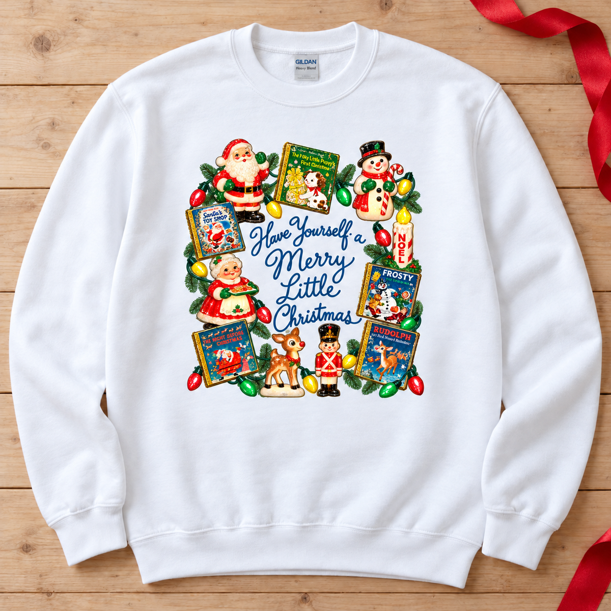 White vintage storybook Christmas sweatshirt medium front print flat lay