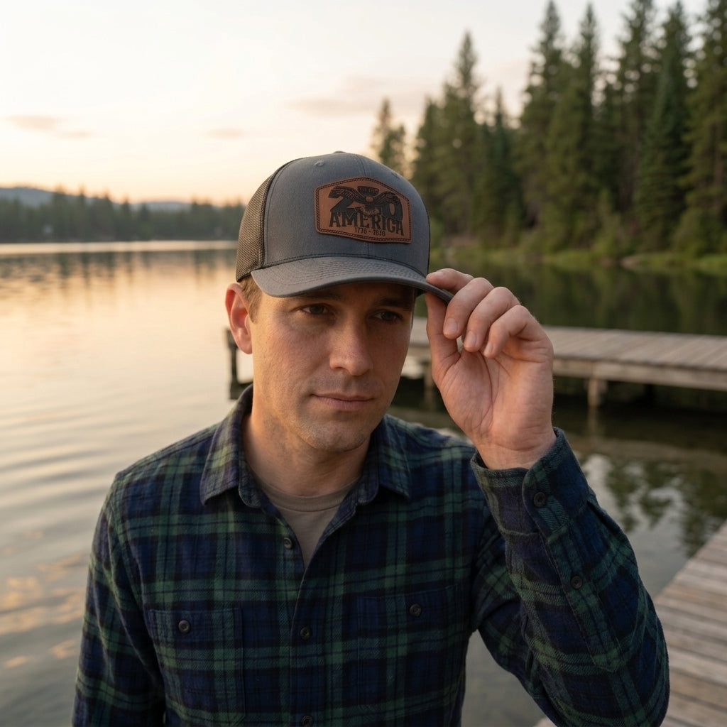 Man wearing a cap with a logo by a lake at sunset