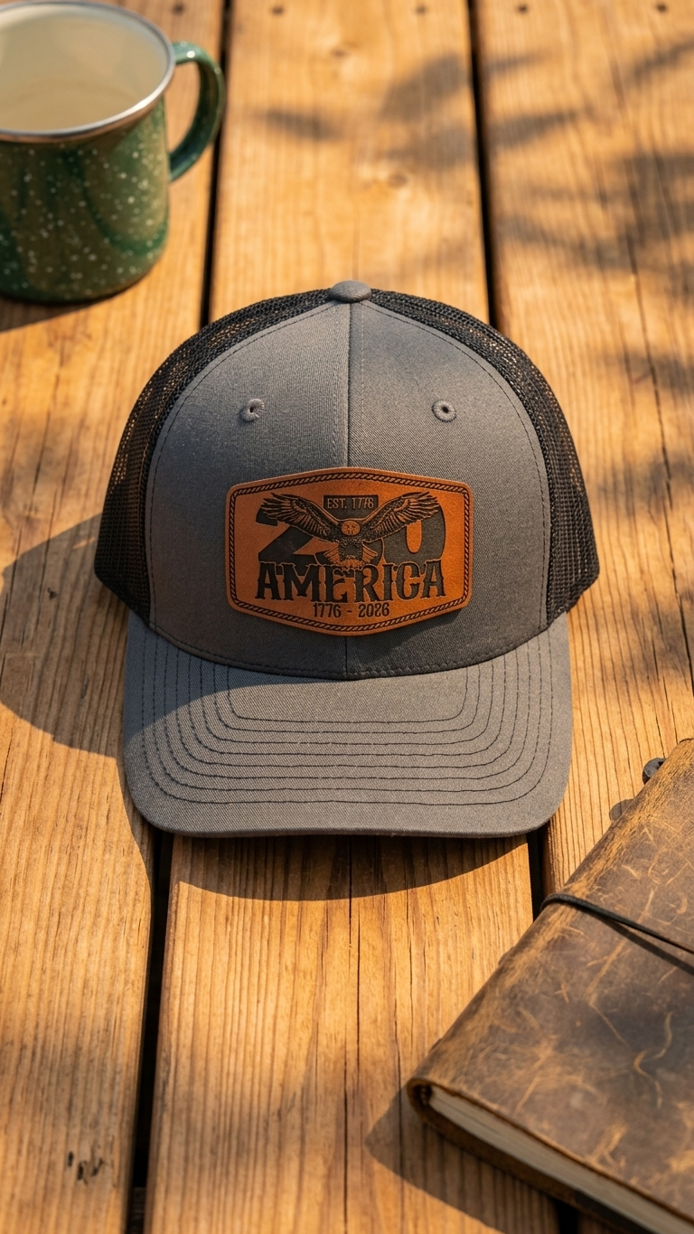 Gray cap with leather patch on a wooden surface with a mug and notebook.