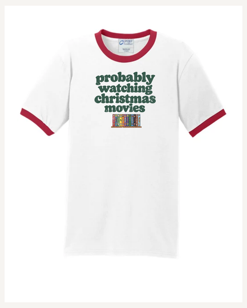 White and red probably watching Christmas movies ringer tee front flat lay